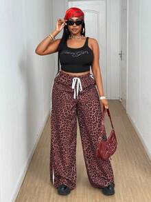 Maweii 大码女式休闲豹纹撞色饰边抽绳腰蝴蝶结直筒裤，时尚设计，百搭，2025 年新款 - 彩色 - 查看 6