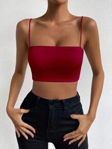 Femesol 女士纯色露背抹胸上衣，休闲舒适 - 酒紅色 - 查看 3