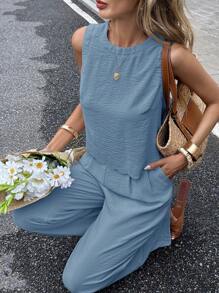 Serisse 2pcs Women Vacation Casual Solid Color Backless Tank Top And Pants Set Island Vacation Outfits Summer - Dusty Blue - View 7