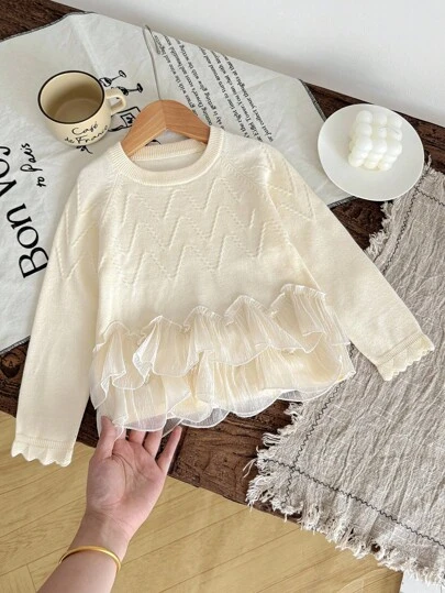 SHEIN Vintaside Kids 年轻女孩优雅针织毛衣，丝绸花边，柔软纱线，适合日常休闲穿着，适合家庭聚会、万圣节、新年、感恩节、圣诞节