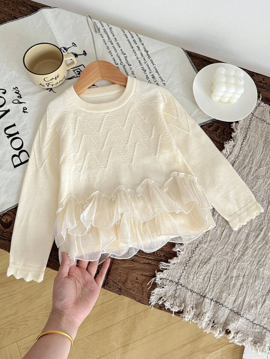 SHEIN Vintaside Kids 年轻女孩优雅针织毛衣,丝绸花边,柔软纱线,适合日常休闲穿着,适合家庭聚会、万圣节、新年、感恩节、圣诞节 - 杏色 - 查看 1