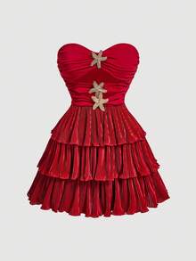 SHEIN MOD Abito oversize senza spalline con decorazione a stella metallica traforata, orlo multistrato, stile boho, streetwear, per appuntamenti, tropicale, vacanze, addio al nubilato, sexy, coquette