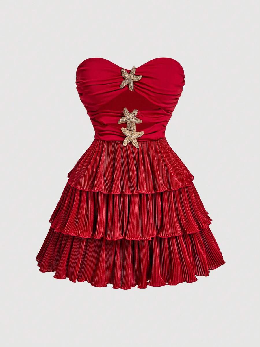 SHEIN MOD Abito oversize senza spalline con decorazione a stella metallica traforata, orlo multistrato, stile boho, streetwear, per appuntamenti, tropicale, vacanze, addio al nubilato, sexy, coquette