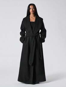 SHEIN EZwear 大码休闲翻领纯色简约长款大衣 - 黑色 - 查看 3