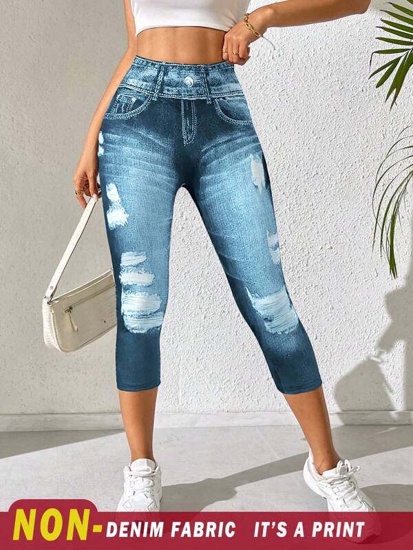 INAWLY Leggings di moda con stampa in denim per donna