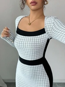SHEIN Clasi Square Neck Color Block Fitted Dress, Women Long Dress Fall Cloth For Women - Multicolor - View 3