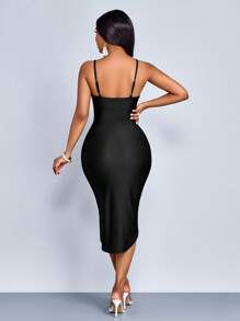 SOLERSUN Váy ôm xếp ly phía trước thanh lịch dành cho nữ, trang trí bèo nhún, váy dài vừa phải, váy hẹn hò, váy dự tiệc - màu đen - Xem 2