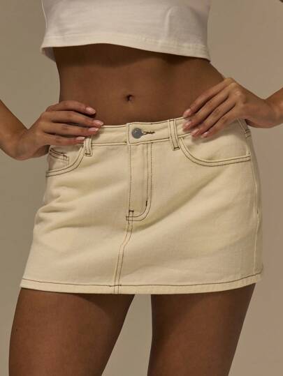 MUSERA 撞色缝线牛仔迷你裙，可爱街头风，适合节日、农舍、乡村、复古、工作、办公室、冬季、晚宴、春夏等各种场合，优雅百搭。