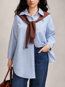 Zelara 大码休闲条纹前扣长袖衬衫 - 藍白色 - 查看 3