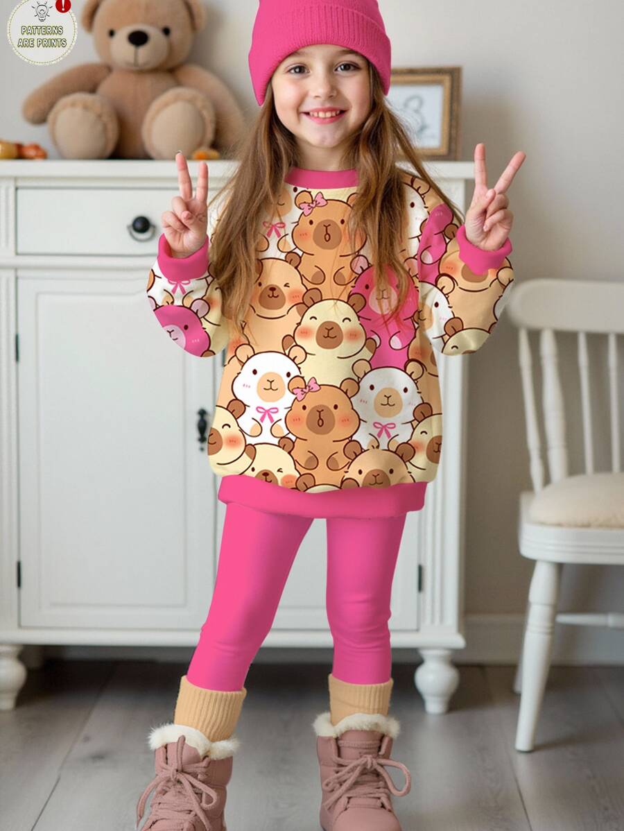 SHEIN Happikins 2pcs Young Girl Casual Cute Capybara Cartoon Animal Print Crew Neck Long Sleeve Sweatshirt And Leggings Set, Suitable For Autumn/Winter Fall - Multicolor - View 1