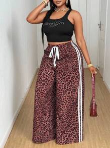 Maweii 大码女式休闲豹纹撞色饰边抽绳腰蝴蝶结直筒裤，时尚设计，百搭，2025 年新款 - 彩色 - 查看 1