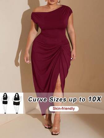 SHEIN CURVE+ Plus Size Women's Autumn And Winter Fashion Big Women Elegant Date Party Black Stretch Knit Comfort Gathered Details Off-Shoulder Draped Dress Asymmetrical Hem Slit Midi Dress,Wedding Guest Dress Women
