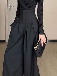 Rafferiza Solid Color High Waist Pleated Wide Leg Pants With Slanted Pockets Fall Cloth For Women - Black - View 3