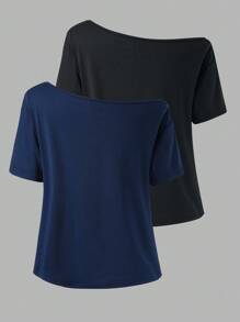 Sparklyn 2pcs Tween Girls' Casual Solid Color Asymmetrical Neck Loose T-Shirt, Summer - Multicolor - View 2