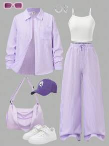 SHEIN 青少年女孩三件套，街头酷炫条纹长袖衬衫、裤子和吊带背心，适合春季和秋季 - 彩色 - 查看 9