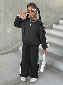 SHEIN 2 件套青少年女孩撞色蝴蝶结运动衫和紧身裤套装，休闲日常百搭时尚 - 黑色 - 查看 3