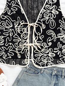 Soleia Plus Size Women Green Knitted Jacquard White Embroidered V-Neck Open Front Tie-Waist Sleeveless Vest Cardigan