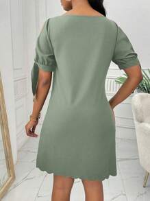 Elenzga Women's Round Neck Hollow Studded Bow Decor Casual Shell Hem Dress