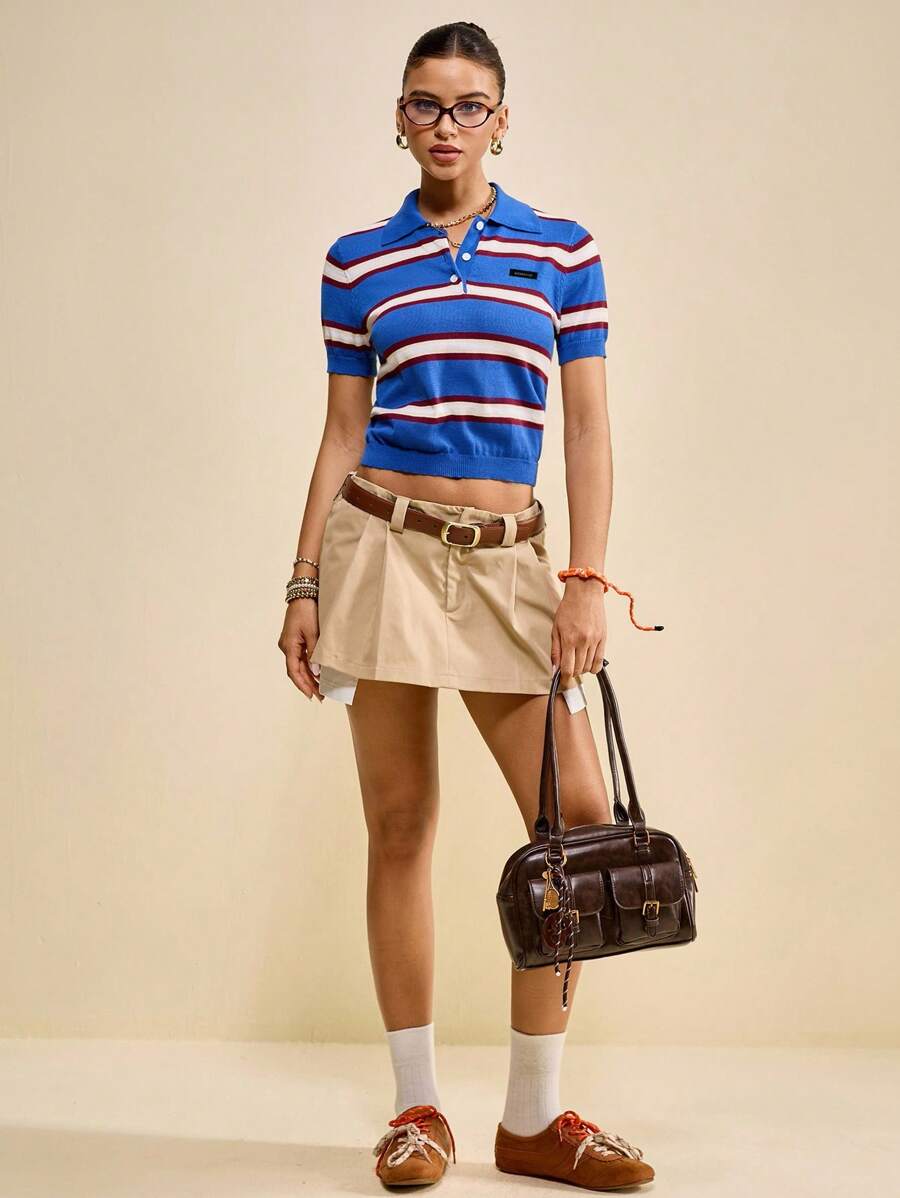 Muvela Áo thun polo sọc xanh đỏ giản dị mùa hè dành cho nữ, Áo thun tay ngắn cài nút, trang phục mùa hè dành cho nữ - Nhiều màu - Xem 1