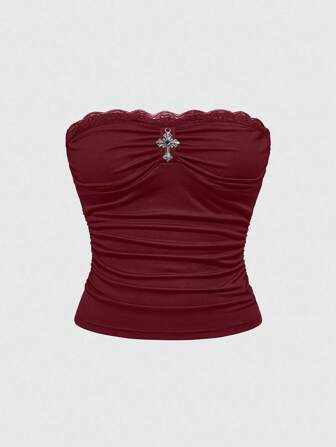 Goth Sexy Minimalist Lace Trim Metal Cross Decor Bandeau Top