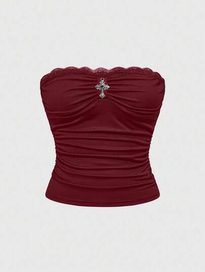 Goth Top bandeau con decoración de cruz de metal y ribete de encaje, estilo minimalista y sexy