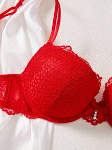 1pc Thick Cup Lace Supportive Underwire Bra For Women - Red - View 3