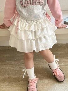 SHEIN Little Byeori 少女甜美可爱层叠荷叶边下摆半身裙 - 白色 - 查看 6