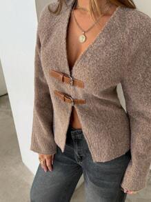 Aloruh Women's New Deep V Leather Buckle Woolen Coat, Autumn/Winter - Mocha Brown - View 5