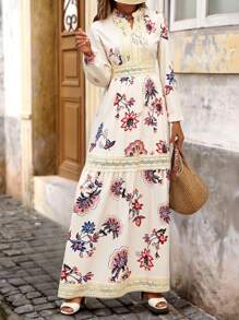 Brillora Váy ren tay đèn lồng họa tiết hoa tương phản dành cho kỳ nghỉ của phụ nữ - Màu be - Xem 6