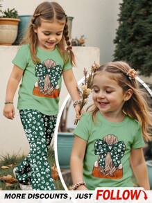 SHEIN Young Girl Cute Vintage Floral Printed 2 Pieces Set: Casual Minimalist Cartoon Short Sleeve Top And Flared Pants, Suitable For Summer