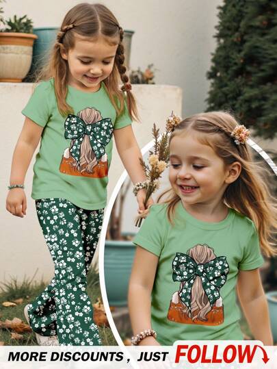 SHEIN Ung flicka Söt vintage blommig tryckt 2 delar set: Casual Minimalistisk tecknad kortärmad topp och utsvängda byxor, lämplig för sommaren