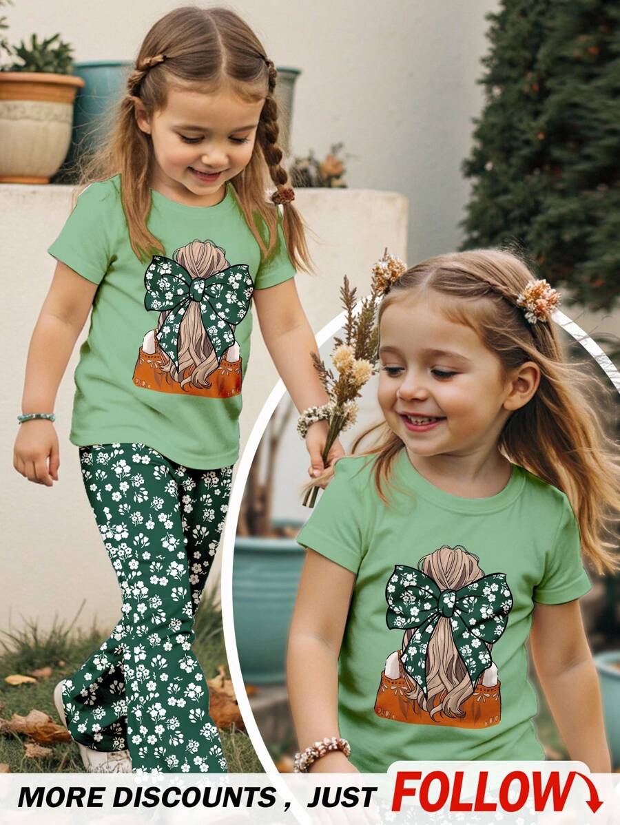 SHEIN Young Girl Cute Vintage Floral Printed 2 Pieces Set: Casual Minimalist Cartoon Short Sleeve Top And Flared Pants, Suitable For Summer