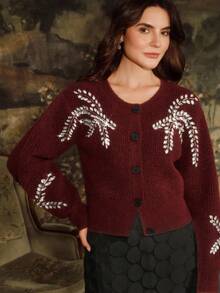 Anewsta 镶钻针织开衫，优雅别致，时尚有型，适合秋季、冬季、新年、圣诞节、外出穿着 - 酒紅色 - 查看 7