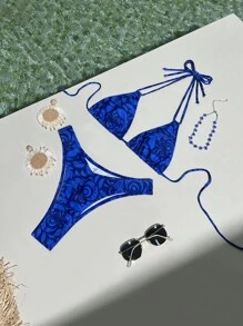 SHEIN Swim 夏季沙灘女性度假植物印花領口頸帶比基尼套裝 - 彩色 - 查看 6