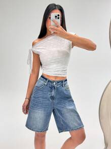 SHEIN ICON 女士休闲宽松阔腿牛仔短裤，夏季 - 中等水洗藍 - 查看 4