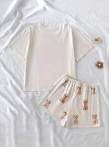 2 件套休闲可爱小狗印花短袖上衣和短裤家居服套装，适合 10 岁女孩，夏季返校时尚 - 杏色 - 查看 2