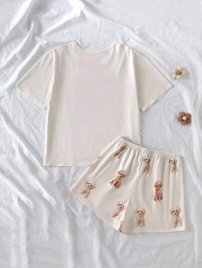 2 件套休闲可爱小狗印花短袖上衣和短裤家居服套装，适合 10 岁女孩，夏季返校时尚