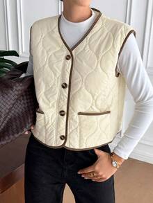 SHEIN Frenchy 女士休闲单排扣背心夹克，冬季外套 - 杏色 - 查看 4