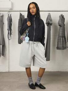 COUREZ 低腰长款针织短裤，带刺绣/Y2K外出穿搭，可爱性感度假装，女士秋季服装 - 黃色 - 查看 2