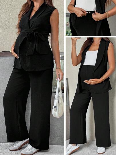 SHEIN Conjunto de 2 piezas de chaleco con cinturón y pantalón de pierna ancha de unicolor para mujeres embarazadas