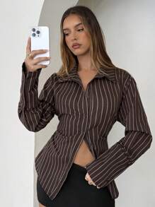 Aloruh Women's Elegant Striped Button-Up Cinched Waist Shirt, Back To School Teacher, Fall Clothes For Women, Fall Tops, Brown Shirt, Brown Tops - Multicolor - View 6