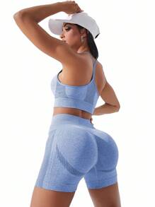 Easithlete 无缝高弹力运动胸罩搭配骑行短裤女士健身套装女士健身套装女士紧身裤套装 - 藍色 - 查看 1