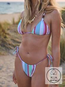 Aralina Frauen Bademode für Strandurlaub, gestreifter zweiteiliger Bikini mit Perlenverzierung, Bindebänder an den Seiten und Schwimmtasche - Armeegrün - Übersicht 4