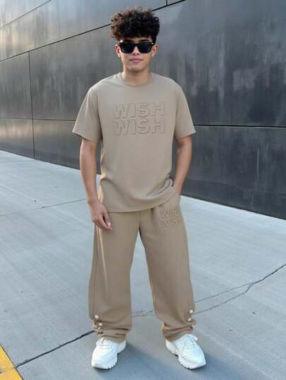 SHEIN Tween Boys Khaki Embossed Pants Set, Casual, School, Comfortable, Fashion, Minimalist, Versatile, Soft Fabric, Suitable For Daily Wear, School, Outings, Outdoor Sports, All Seasons Tweens Two Piece Set Tween Boys Pants Set Wide Leg Sweatpants Boys Khaki Joggers