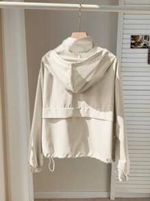 Comfortcana 女士休闲运动简约纯色抽绳连帽轻便夹克，春秋季 - 杏色 - 查看 2