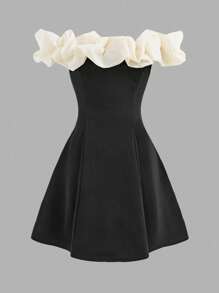 SHEIN Tween Girls' Fashionable & Elegant Off Shoulder Ruffle Hem Short Dress - Black and White - View 5