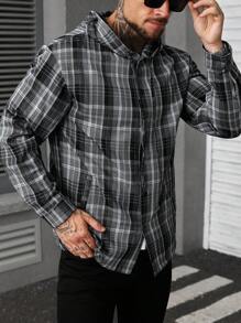 Manfinity Homme 男士格子长袖单排扣抽绳连帽休闲衬衫，男士衬衫，男士夏季，男士夏季休闲装，简约百搭，适合日常通勤出行。 - 藍色 - 查看 3