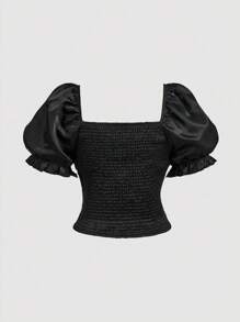 SHEIN MOD طقم أنيق من قطعتين من الساتان الأسود المزين بالخرز، مقاس كبير، بلوزة بأكمام منتفخة وتنورة متوسطة الطول واسعة، باللون الأسود، مناسب للحفلات والمناسبات الرسمية وموسم التخرج، أنيق ورومانسي - الأسود - مشاهدة 7