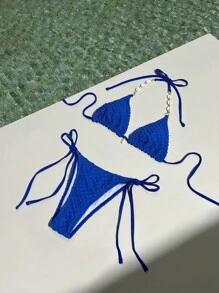 SHEIN Swim Women Shell Beaded Halter Bikini Top And Low Waist Knotted Bikini Bottom For Summer Beach Vacation - Royal Blue - View 5