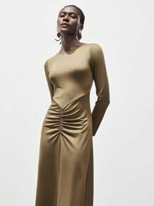 Lumivelle Robe midi moulante élégante à col rond fendue et froncée pour femmes, style Maillard, vêtements pour l'université - Tabac - Voir 6